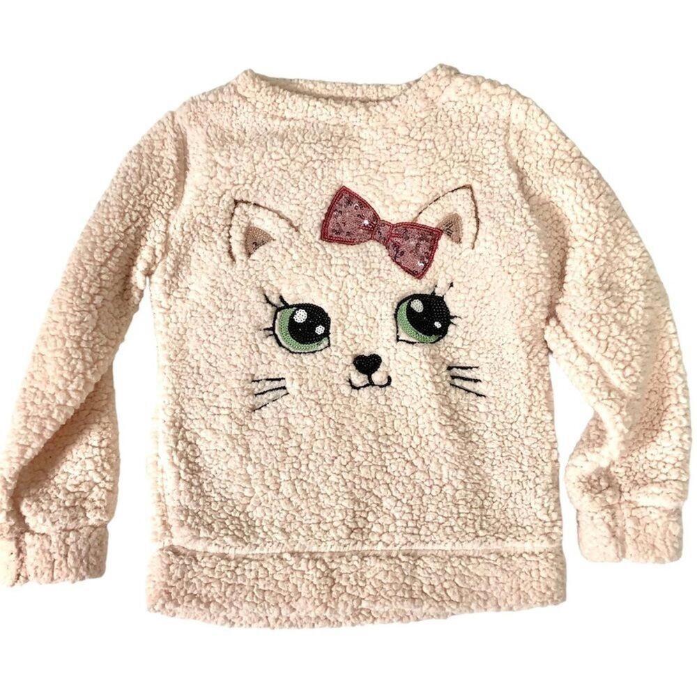 Light Pink Fluffy Fleece Kitty Cat SZ M Pullover Sweater Sequins Girlie Kawaii